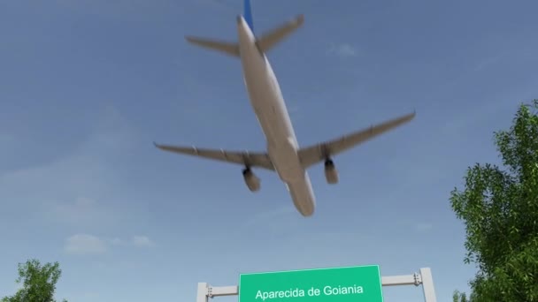 Самолет прибывает в аэропорт Апаресида-де-Гояния. Путешествие в Бразилию концептуальная 4K анимация — стоковое видео