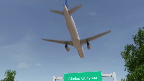 Airplane arriving to Ciudad Guayana airport. Travelling to Venezuela conceptual 4K animation — Stock Video