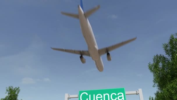 Vliegtuig aankomen aan Cuenca luchthaven. Reizen naar Ecuador conceptuele 4k animatie — Stockvideo