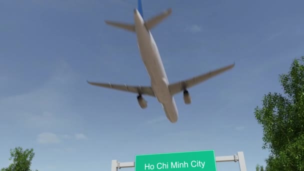 호치민 시티 공항에 도착 하는 비행기. 베트남 개념적 4 k 애니메이션 여행 — 비디오