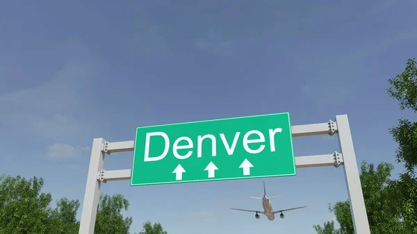 Avión llegando al aeropuerto de Denver. Viajar a Estados Unidos renderizado 3D conceptual —  Fotos de Stock