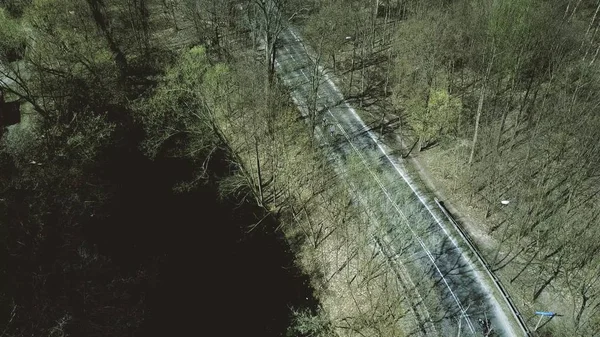 Letecký snímek auto silniční a cyklisty v lese na jarní den — Stock fotografie