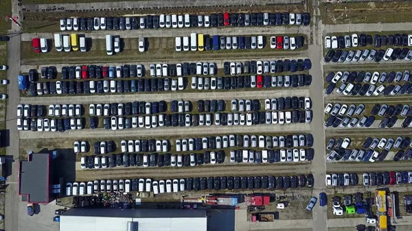 Aerial shot of new cars and trucks parking, top view — Stock Image Aerial shot of new cars and trucks parking, top view Royalty Free Stock Images