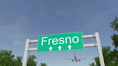 Airplane arriving to Fresno airport. Travelling to United States conceptual 3D rendering clipart