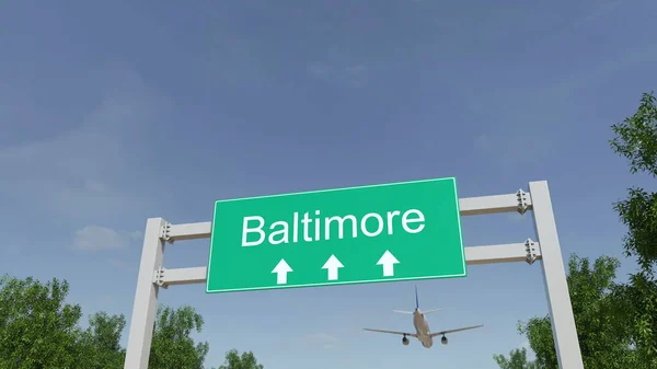 Avión llegando al aeropuerto de Baltimore. Viajar a Estados Unidos renderizado 3D conceptual — Foto de Stock