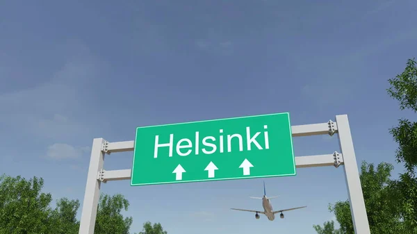 Avión que llega al aeropuerto de Helsinki. Viajar a Finlandia renderizado 3D conceptual — Foto de Stock