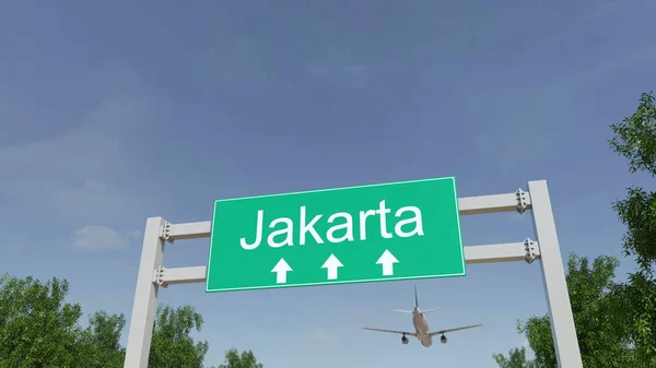 Avión que llega al aeropuerto de Yakarta. Viajar a Indonesia renderizado 3D conceptual —  Fotos de Stock