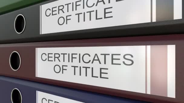 Office binders with Certicicates of title tags — Stock Video