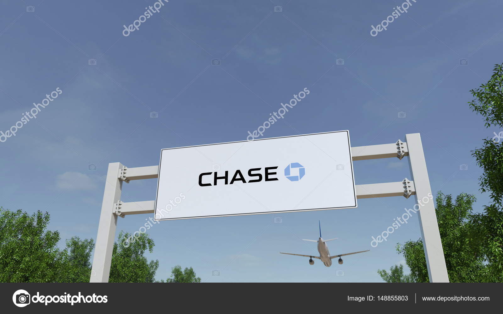 Jp モルガン ・ チェース銀行のロゴと看板広告上空を飛ぶ飛行機。3 d レンダリングの社説 —  ストック編集用写真©alexeynovikov#148855803