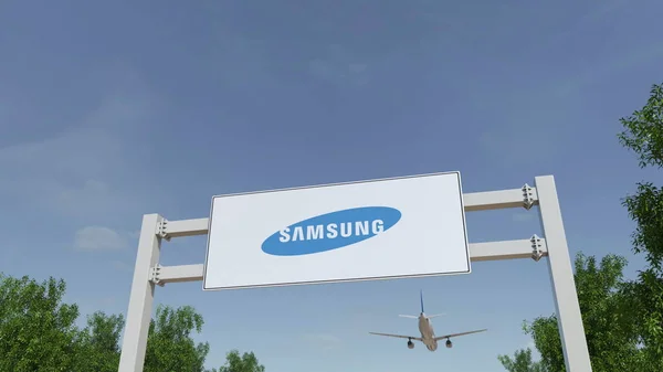 삼성 로고와 함께 빌보드 광고 이상의 비행 하는 비행기. 사설 3 차원 렌더링 — 스톡 사진
