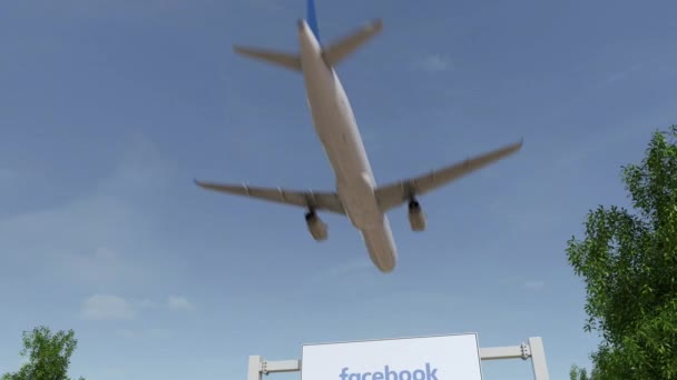 Самолет пролетает над рекламным щитом с надписью Facebook 3D рендеринг 4K клип — стоковое видео