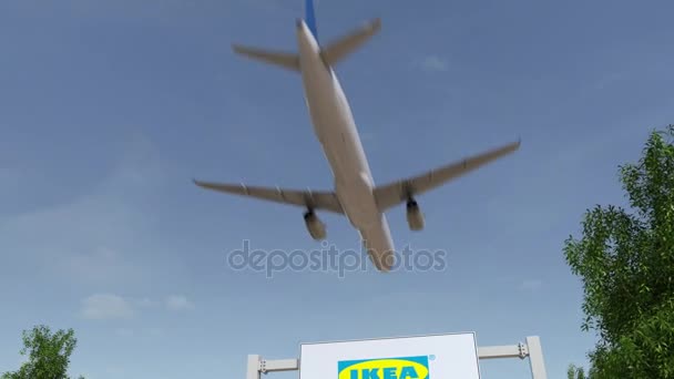 Letadlo letící nad reklamní billboard s logem Ikea. Redakční 3d vykreslování 4 k klip — Stock video