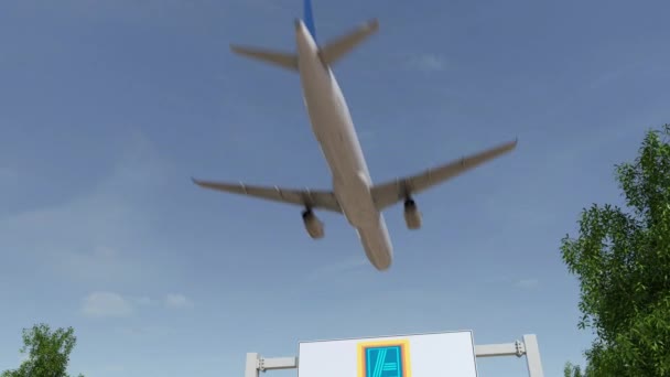 Avión volando sobre cartelera publicitaria con el logotipo de Aldi. Editorial 3D renderizado 4K clip — Vídeo de stock