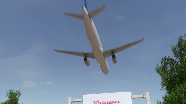 Avião voando sobre cartaz publicitário com logotipo Walgreens. Editorial 3D renderização 4K clip — Vídeo de Stock