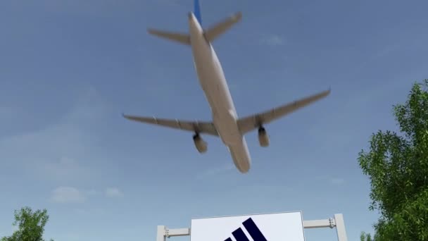 Flygplan som flyger över reklam skylt med Adidas inskription och logotyp. Redaktionella 3d rendering 4 k klipp — Stockvideo