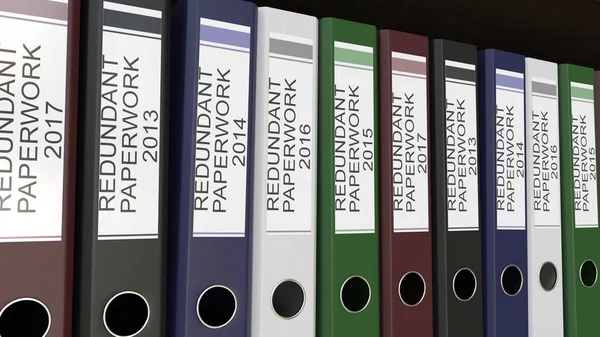 Linha de pastas de escritório multicoloridas com etiquetas de papelada redundantes diferentes anos de renderização 3D — Fotografia de Stock