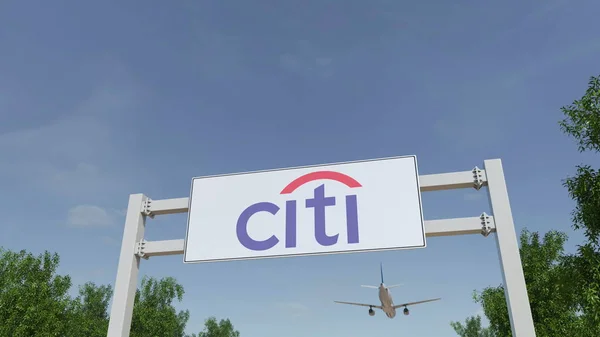 Flygplan som flyger över reklam skylt med Citigroup logotyp. Redaktionella 3d-rendering — Stockfoto