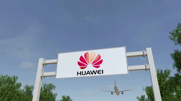 Lentokone lentää mainostaulun yli Huawei logolla. Toimituksellinen 3D-renderointi — kuvapankkivalokuva