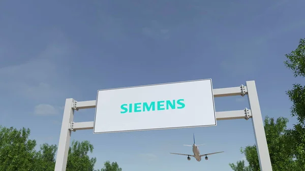 Vliegtuig vliegen over reclame bord met Siemens logo. Redactioneel 3D-rendering — Stockfoto
