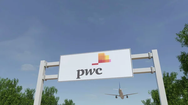 Flygplan som flyger över reklam skylt med Pricewaterhousecoopers Pwc logotyp. Redaktionella 3d-rendering — Stockfoto