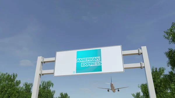 Самолет пролетает над рекламным щитом с логотипом American Express. Редакционная 3D рендеринг — стоковое фото