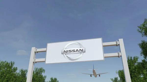 Flugzeug fliegt über Werbetafel mit Nissan-Logo. redaktionelles 3D-Rendering — Stockfoto