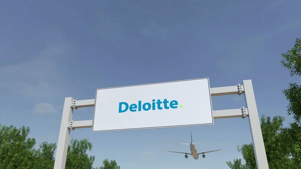 Vliegtuig vliegen over reclame bord met Deloitte logo. Redactioneel 3D-rendering — Stockfoto