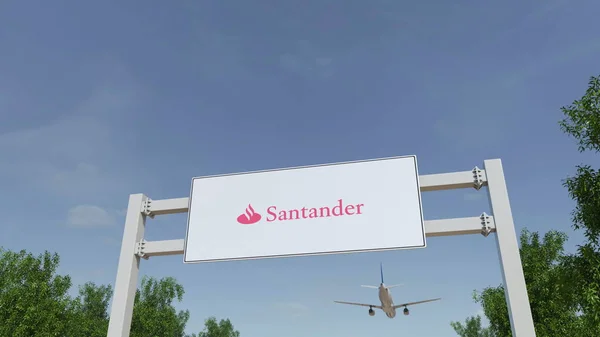 A repülőgép repül át reklám billboard Santander Serfin logóval. Szerkesztői 3d-leképezés — Stock Fotó