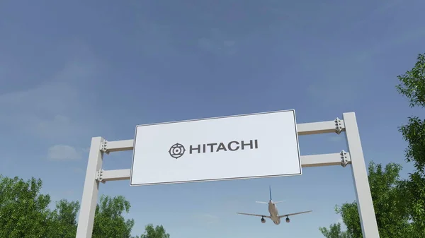 A repülőgép repül át reklám billboard Hitachi logóval. Szerkesztői 3d-leképezés — Stock Fotó