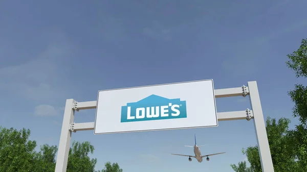 Letadlo letící nad reklamní billboard s logem Lowes. Úvodník 3d vykreslování — Stock fotografie