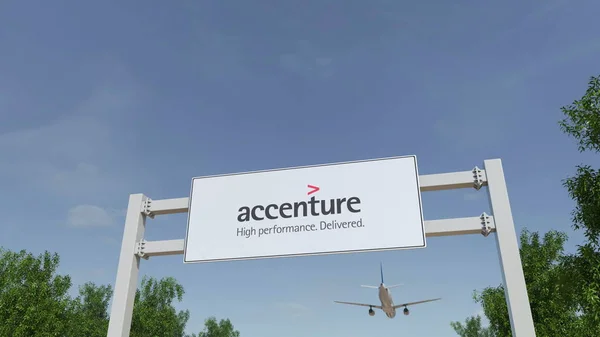 Vliegtuig vliegen over reclame bord met Accenture logo. Redactioneel 3D-rendering — Stockfoto