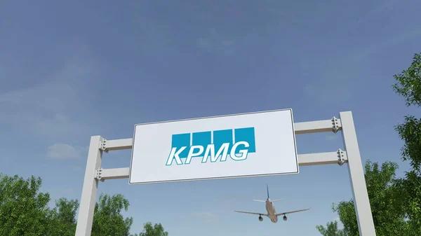 A repülőgép repül át reklám óriásplakát a Kpmg logo. Szerkesztői 3d-leképezés — Stock Fotó