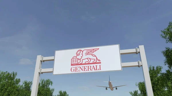 Letadlo letící nad reklamní billboard s logem Generali Group. Úvodník 3d vykreslování — Stock fotografie