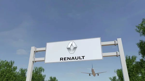 Avión volando sobre la cartelera publicitaria con el logotipo de Groupe Renault. Representación Editorial 3D — Foto de Stock