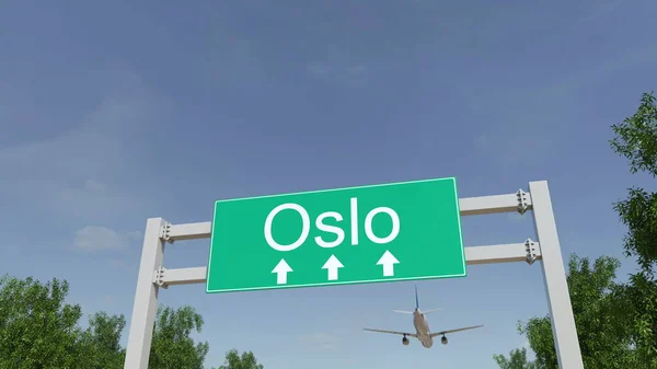Letadlo, přijíždějící na letiště Oslo. Cestovat do Norska koncepční 3d vykreslování — Stock fotografie