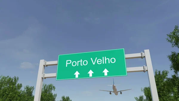 Avião a chegar ao aeroporto de Porto Velho. Viajar para o Brasil renderização 3D conceitual — Fotografia de Stock