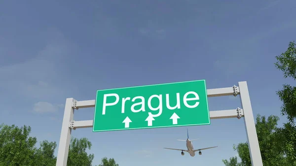 Letadlo, přijíždějící na letiště Praha. Cestování do ČR koncepční 3d vykreslování — Stock fotografie