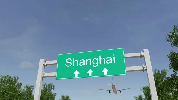Flugzeug bei der Ankunft auf dem Flughafen Shanghai. Reisen nach China konzeptionelles 3D-Rendering — Stockfoto