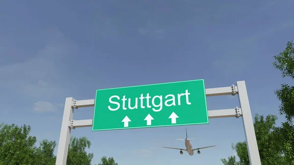 Vliegtuig aankomen naar de luchthaven van Stuttgart. Reizen naar Duitsland conceptuele 3D-rendering — Stockfoto