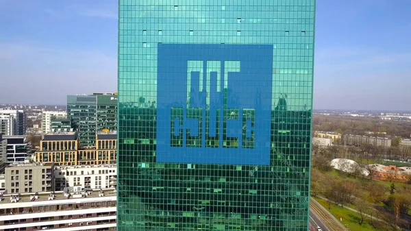 Luchtfoto van wolkenkrabber met China staat Construction Engineering Corporation logo. Modern kantoorgebouw. Redactioneel 3D-rendering — Stockfoto