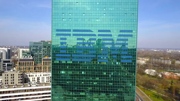 Aerial shot of office skyscraper with IBM logo. Modern office building. Editorial 3D rendering — Stock Photo, Image