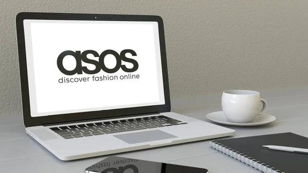 Laptop con logo ASOS sullo schermo. Moderno ambiente di lavoro concettuale editoriale rendering 3D — Foto Stock