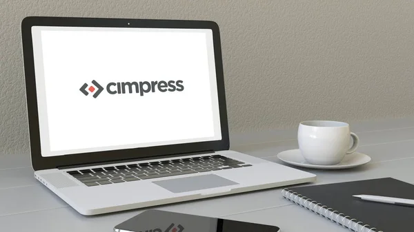 Cimpress logo üstünde belgili tanımlık perde ile dizüstü bilgisayar. Modern işyeri kavramsal içerik 3B oluşturma — Stok fotoğraf