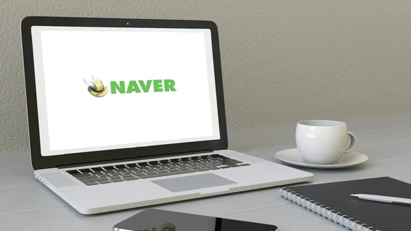 Naver Corporation logo üstünde belgili tanımlık perde ile dizüstü bilgisayar. Modern işyeri kavramsal içerik 3B oluşturma — Stok fotoğraf