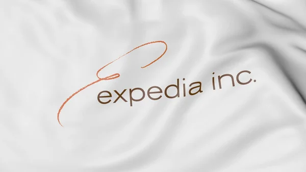 Bandiera sventolante con logo Expedia. Rendering editoriale 3D — Foto Stock