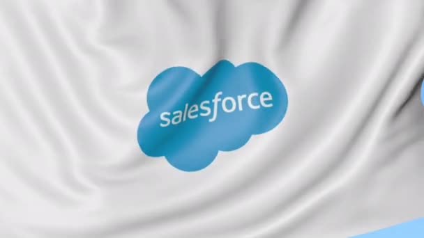 Acenando bandeira com logotipo Salesforce, loop sem costura. Editorial 4K clip — Vídeo de Stock