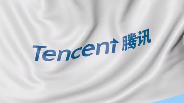 Bandera ondeante con logotipo de Tencent, lazo sin costuras. Clip editorial 4K — Vídeos de Stock