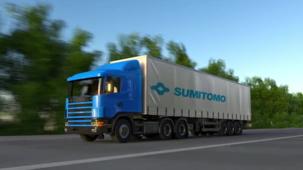 Freight semi truck with Sumitomo Corporation logo driving along forest road, seamless loop. Editorial 4K clip — Stock Video