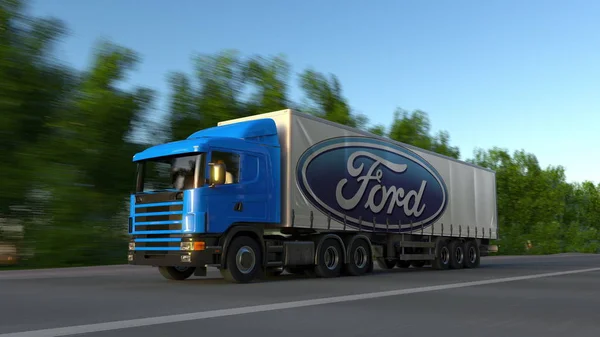 Ciężarówki naczepy towarowe z logo Ford Motor Company, jadąc wzdłuż dróg leśnych. Redakcji renderowania 3d — Zdjęcie stockowe
