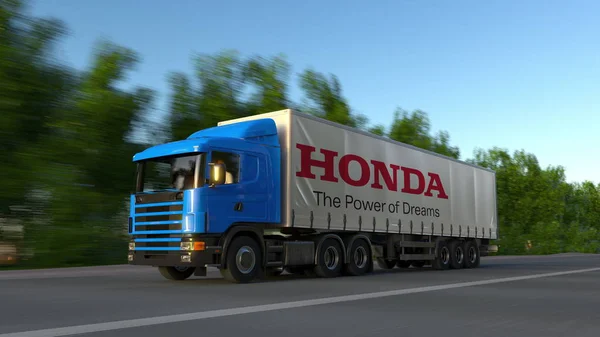 Ciężarówki naczepy towarowe z logo Honda jadąc wzdłuż dróg leśnych. Redakcji renderowania 3d — Zdjęcie stockowe